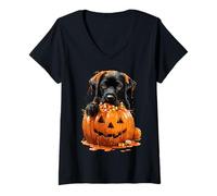 Womens Cute Labrador Dripping Pumpkin Candy Corn Halloween Dog V-Neck T-Shirt