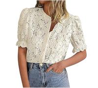 Women's Cute Lace Tops Elegant Ruffle Short Sleeve Casual Shirts Blouses Sexy Tops for Women Casual Round Neck Blouse/UK Size/Shipping 7 Days
