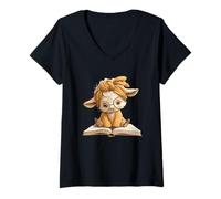 Women's Cute Lamb Reading Book Headwrap Design V-Neck T-Shirt