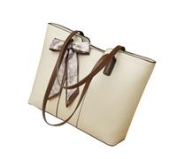 Women's Cute Leather Tote Bag, Stylish Spacious Laptop Purse with Decorative Bow, Ladies UK Trendy Shoulder Handbag for Work and Travel (Beige)