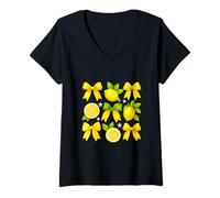 Womens Cute Lemon Tropical Fruits Coquette Bows Summer Vibes V-Neck T-Shirt