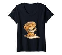 Women's Cute Lion Cub Reading Book with Headwrap V-Neck T-Shirt