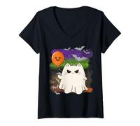 Womens Cute Little Cat Kitten Ghost Halloween Spooky Season V-Neck T-Shirt