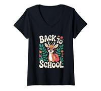 Womens Cute Little Deer Happy First Day of School V-Neck T-Shirt