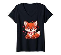 Women's Cute Little Fox Hearts for Fox Lovers and Couples V-Neck T-Shirt