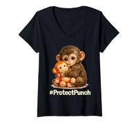 Women's Cute Little Monkey Hugging Bear Plush Protect Punch Macaque V-Neck T-Shirt