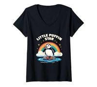 Womens Cute Little Puffin Star Ocean Bird Rainbow Girl Boy Children V-Neck T-Shirt