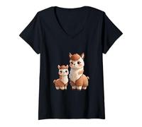 Women's Cute Llama and Little Llama Animal Design V-Neck T-Shirt