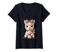 Women's Cute Llama Coffee Lover with Latte Cup Aesthetic V-Neck T-Shirt