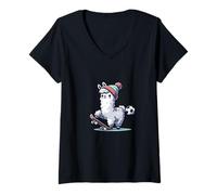 Womens Cute Llama On Skateboard with Soccer Ball Beanie V-Neck T-Shirt