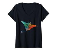Women's Cute Manta Ray Colorful Drawing Manta Ray Silouhette V-Neck T-Shirt
