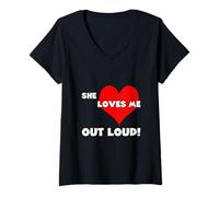 Womens Cute matching couple 60 70s 80s heart She loves me out loud V-Neck T-Shirt