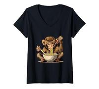 Womens Cute Monkey Eating Ramen Monkey Noodle Art Japanese Noodles V-Neck T-Shirt