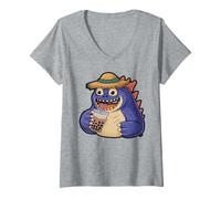 Womens Cute Monster Drinking Bubble Tea V-Neck T-Shirt