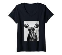 Womens Cute Moose with Sunglasses Cool Forest Animal Photo Booth V-Neck T-Shirt