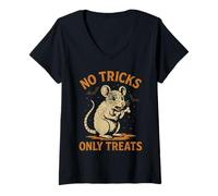 Womens Cute Mouse Halloween Silly No Trick Only Teat with Candy V-Neck T-Shirt