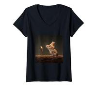 Women's Cute Mouse with Cork Hat Looking At Sprout V-Neck T-Shirt