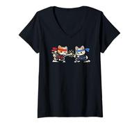 Women's Cute Ninja Cat vs Dog, Kawaii Ninja Pets V-Neck T-Shirt