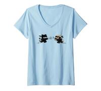 Women's Cute Ninja Cat vs Dog, Kawaii Ninja Pets V-Neck T-Shirt