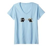 Women's Cute Ninja Cat vs Dog, Kawaii Ninja Pets V-Neck T-Shirt