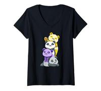 Womens Cute Nonbinary Panda Stack LGBTQ Pride Color V-Neck T-Shirt