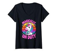 Women's Cute Nurse Unicorn Magically On Duty Rainbow V-Neck T-Shirt