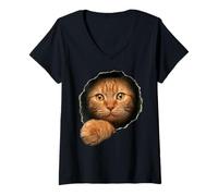 Women's Cute Orange Tabby Cat Golden Eyes Peeking Through V-Neck T-Shirt
