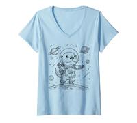 Women's Cute Otter Astronaut Space Explorer Moon Landing Animal V-Neck T-Shirt