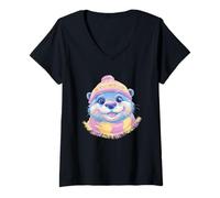 Women's Cute Otter Winter Portrait Colorful Coastal Creature Graphic V-Neck T-Shirt