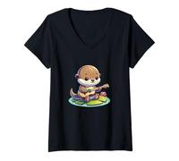 Womens Cute Otter with Guitar On Lily Pad by Lotus Flower V-Neck T-Shirt