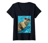 Women's Cute Otter with Sunglasses Cool Summer Animal Swimming V-Neck T-Shirt