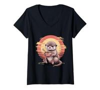 Womens Cute Otters Eating Ramen Noodles Otter Kawaii Food Scene V-Neck T-Shirt