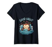 Women's Cute Owl Sleeping Bedtime Illustration V-Neck T-Shirt