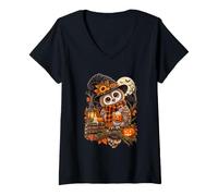 Women's Cute Owl Witch Pumpkin Autumn Jack O Lantern Halloween V-Neck T-Shirt