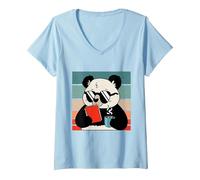 Women's Cute Panda Bear Holding Coffee and a Book Reading Panda V-Neck T-Shirt, Baby Blue, Small