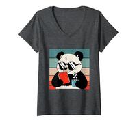 Women's Cute Panda Bear Holding Coffee and a Book Reading Panda V-Neck T-Shirt, Dark Heather Grey, Large