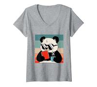 Women's Cute Panda Bear Holding Coffee and a Book Reading Panda V-Neck T-Shirt, Heather Grey, Medium