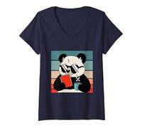 Women's Cute Panda Bear Holding Coffee and a Book Reading Panda V-Neck T-Shirt, Navy Blue, Medium