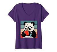Women's Cute Panda Bear Holding Coffee and a Book Reading Panda V-Neck T-Shirt, Purple, X-Large