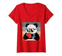Women's Cute Panda Bear Holding Coffee and a Book Reading Panda V-Neck T-Shirt, Red, Medium