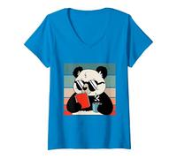 Women's Cute Panda Bear Holding Coffee and a Book Reading Panda V-Neck T-Shirt, Sapphire Blue, XX-Large