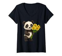 Women's Cute Panda Bear Holding Daffodil Flower V-Neck T-Shirt