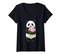 Women's Cute Panda Bear Holding Orchid Flower V-Neck T-Shirt
