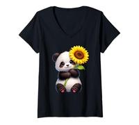 Women's Cute Panda Bear Holding Sunflower Flower V-Neck T-Shirt