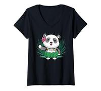 Women's Cute Panda Bear in Hawaiian Costume Hula V-Neck T-Shirt