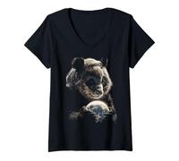 Women's Cute Panda Holding Full Moon Moonlight Aesthetic Animal Art V-Neck T-Shirt