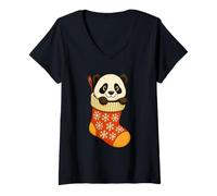 Womens Cute Panda in Christmas Stocking Snowflake Holiday Art V-Neck T-Shirt
