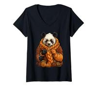 Women's Cute Panda Knitting Cozy Autumn Animal Art Fall Aesthetic V-Neck T-Shirt