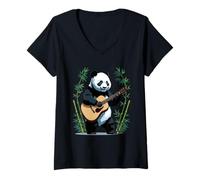 Womens Cute Panda Playing Guitar in Bamboo Forest V-Neck T-Shirt