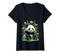 Womens Cute Panda with Colorful Floral Surroundings V-Neck T-Shirt